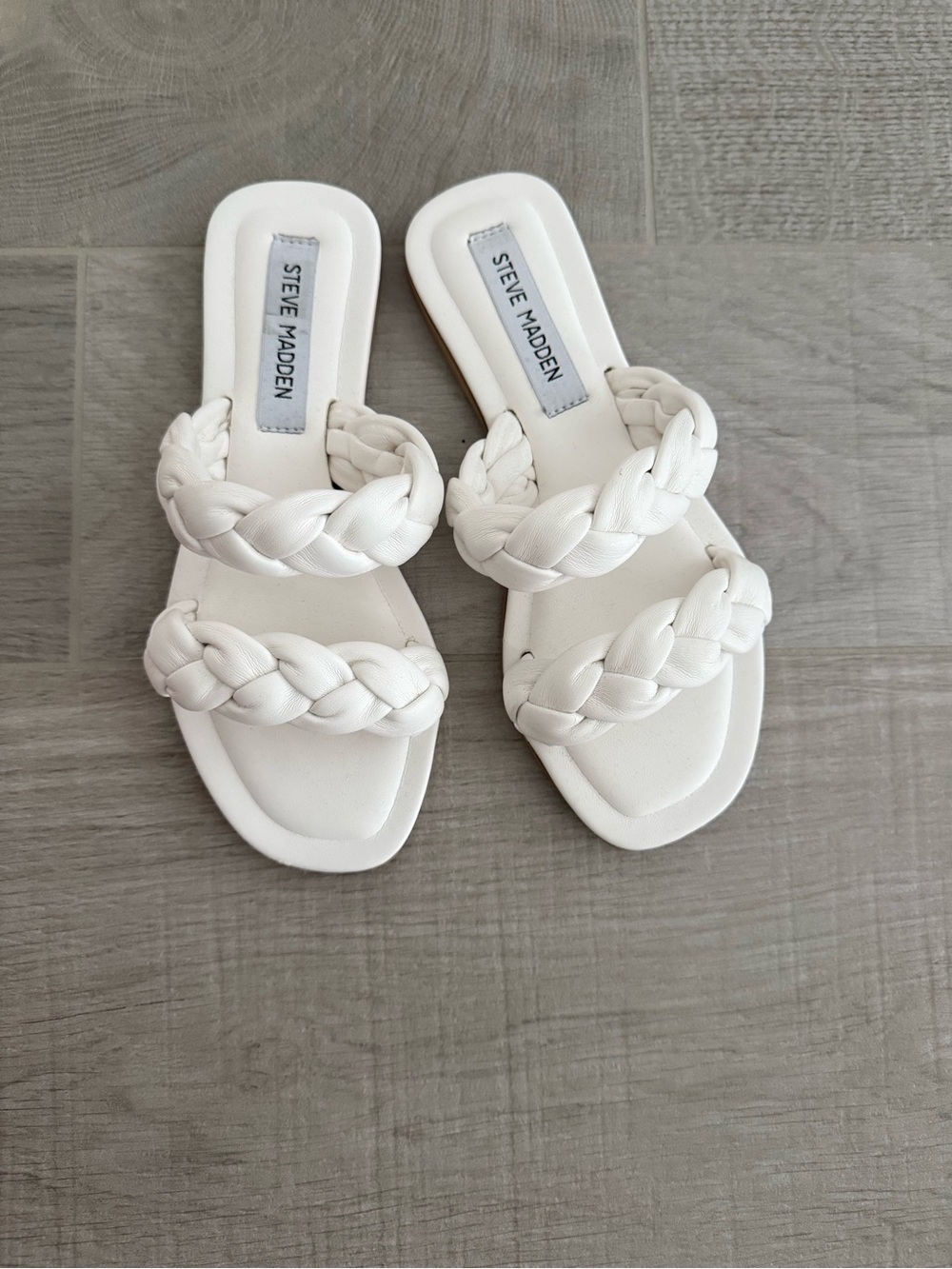 New Steve Madden White Braided Double-Strap Slide Sandals